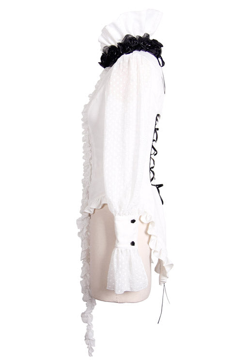 Ivory Gothic Blouse with Chiffon Ruffles and Dovetail Hem