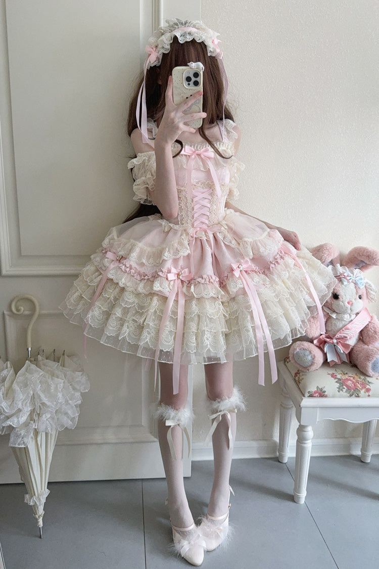 Rose Sleeveless Layered Ruffle Bow Lace Corset Ballet Jumper Dress - Ribbon Heart Love