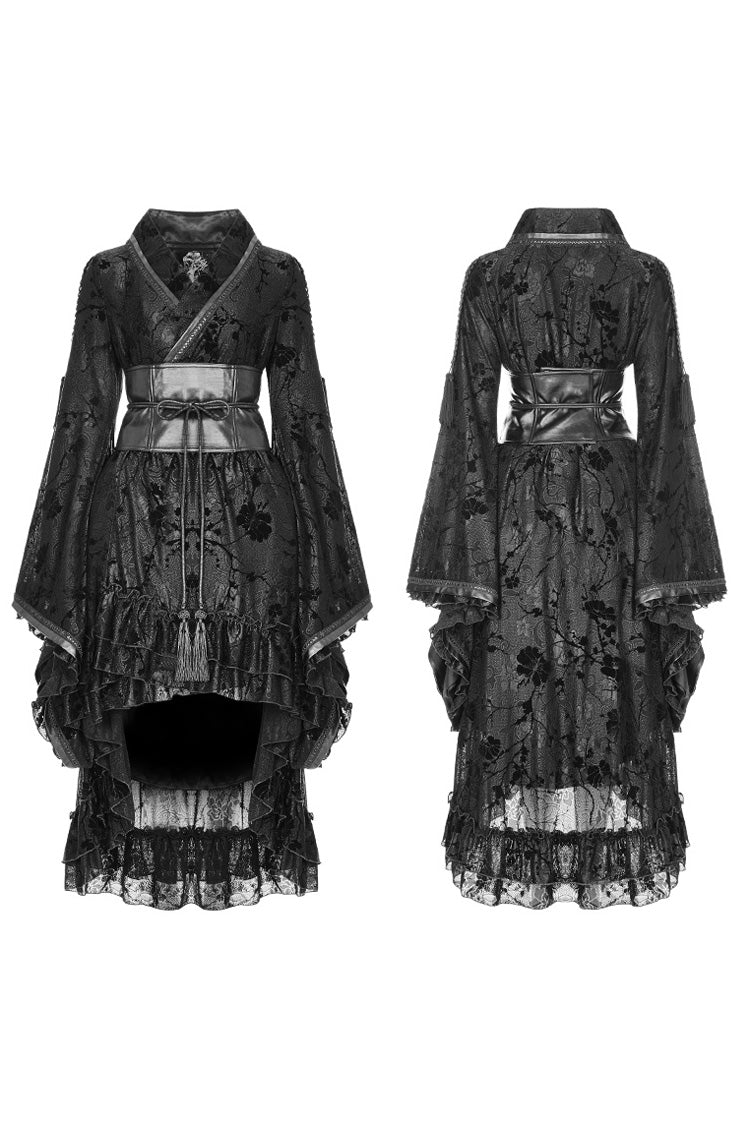 Black Long Sleeves Printed Ruffle Gothic Kimono Dress