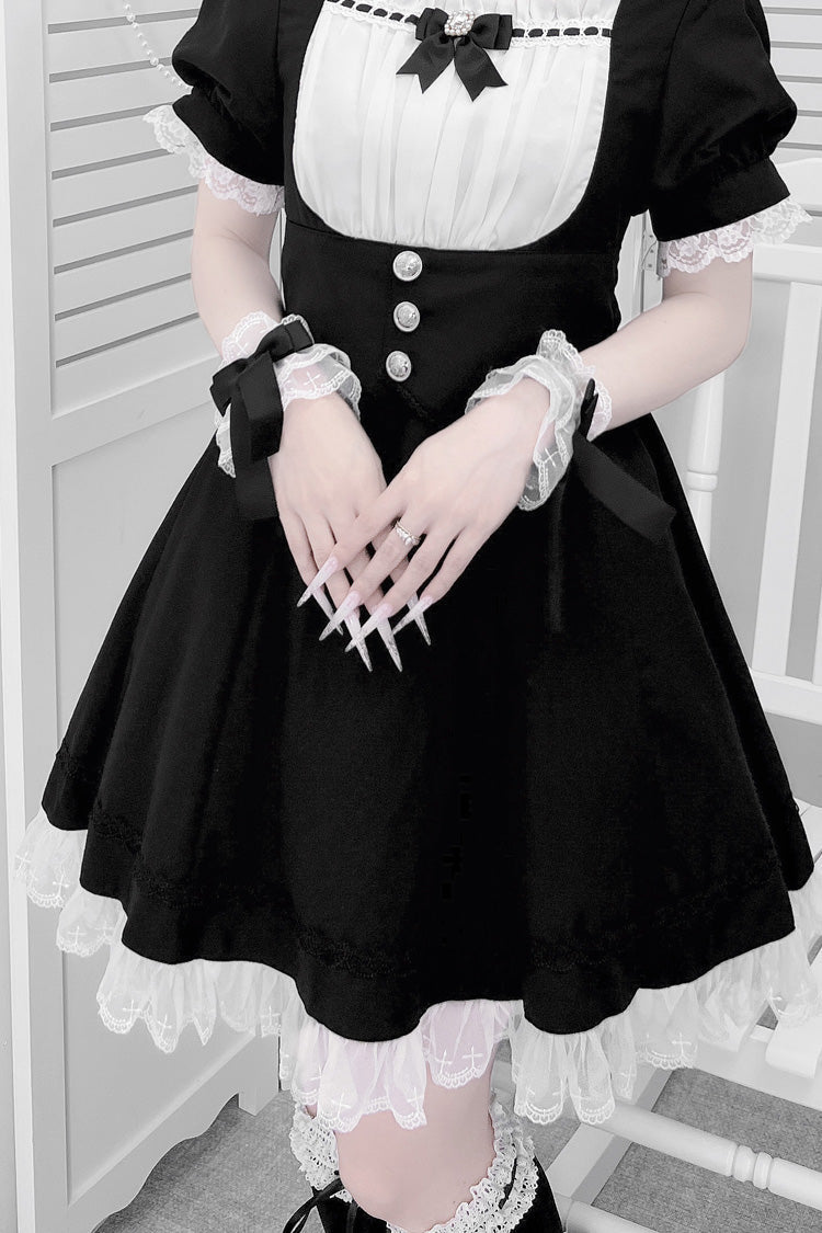 Monochrome Bow-Trimmed Cross-Waist Maid Ensemble with Short Ruffled Sleeves - Sweet Lolita