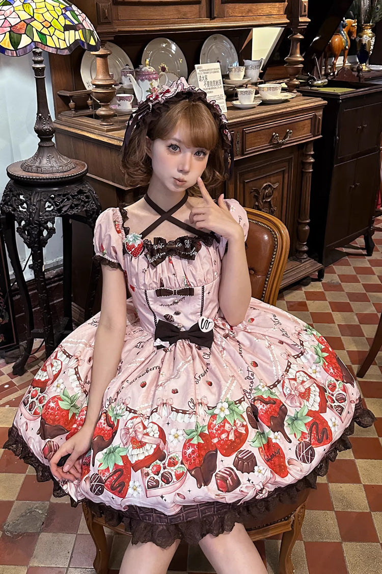 Square Collar Short Sleeves Printed Ruffled Bow Lace Sweet Lolita Dress - Strawberry Chocolate Lover