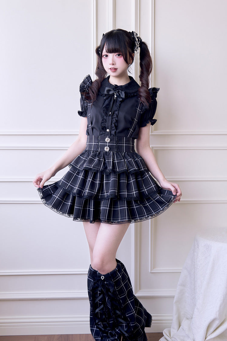 Japanese Strap Dress with Plaid Print and Ruffle