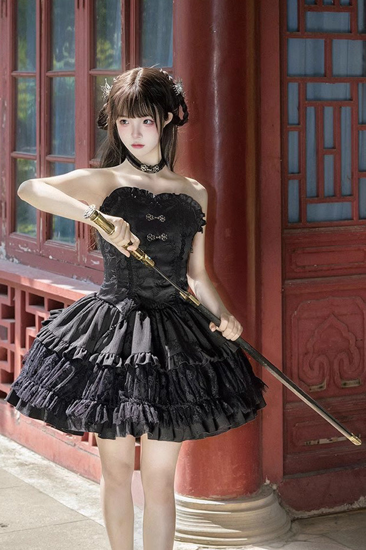 Gothic Lolita Skirt Set with Bamboo Dream, Dark Pattern, Ruffles and Multi-layer