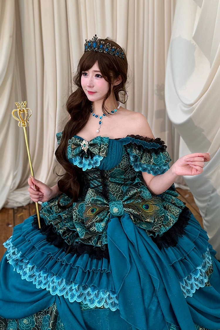Peacock Spirit Princess Multi-Layered Ruffled Bow Lace-Up Classic JSK