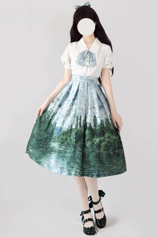 Monet Oil Painting Print Ruffled Vintage Lolita Skirt with Ten Color Options - Forest Basket