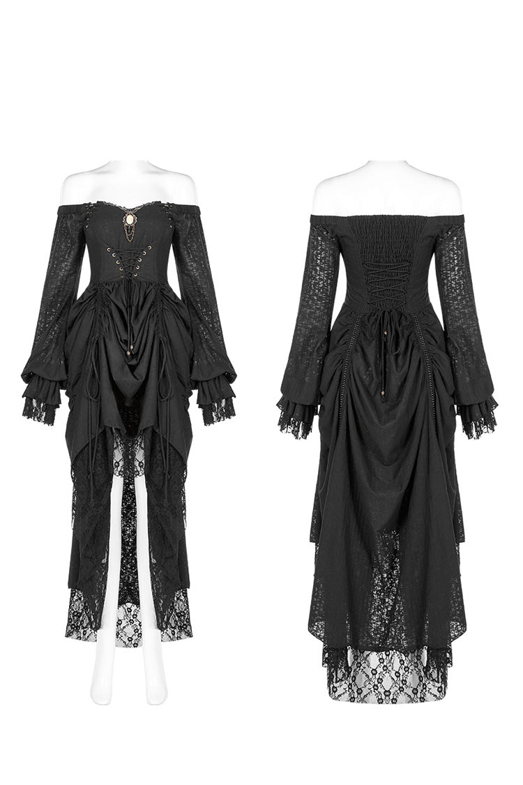 Black Off-Shoulder Long Puff Sleeves Ruffle Mesh Gothic Gown