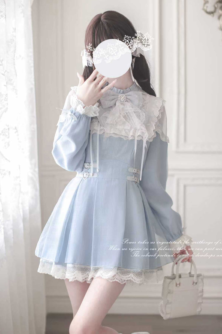 Aqua Long Sleeve Bow Lace Sweet Jirai Kei Dress