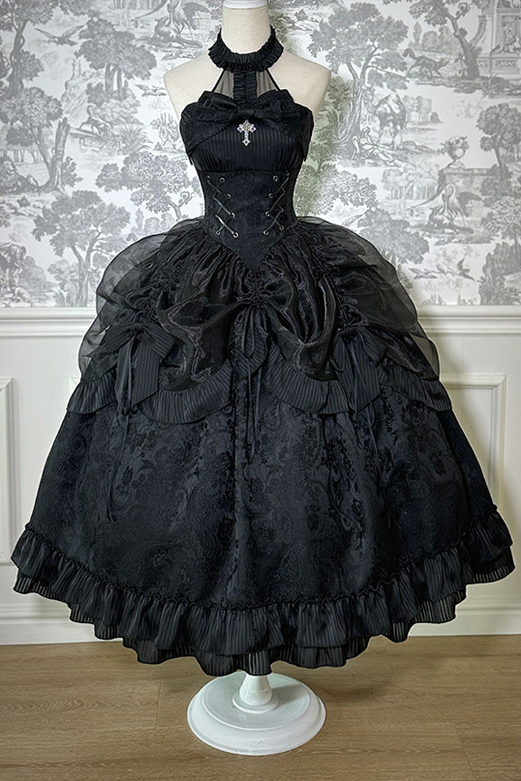 Solid Halterneck Ruffled Bowknot Drawstring Gothic Lolita Dress