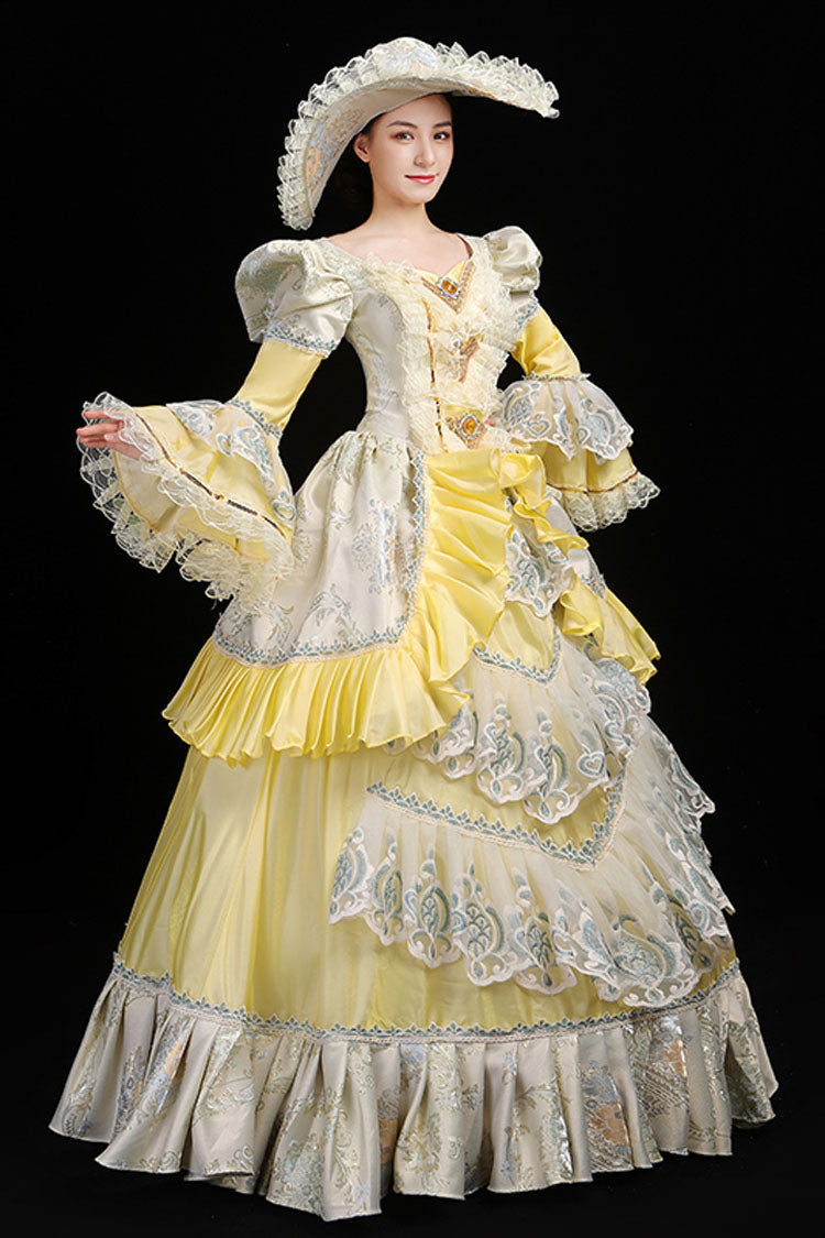 Ruffled Hollow Embroidery Victorian Gown - High Waisted Trumpet Sleeves