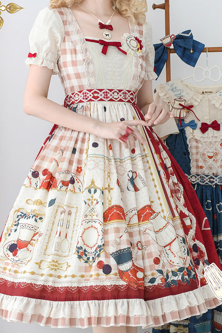 Crimson Tea Party Short Sleeve Printed Ruffled Bow Lace Sweet Elegant Lolita Gown