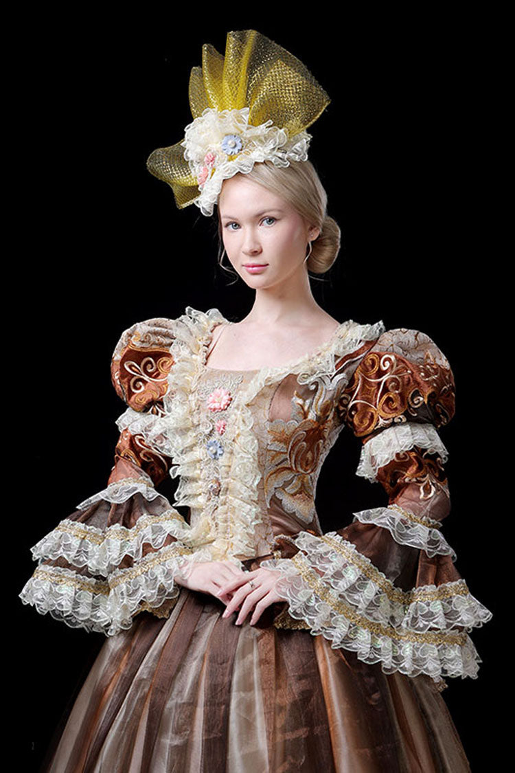 Coffee Victorian Prom Dress with Floral Embroidery and Trumpet Sleeves