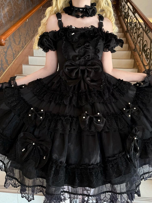Princess Big Bead Lolita and Back Accents at with All Bow Details Black Dress