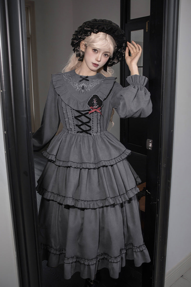 Gothic Ruffle Embroidered Long-Sleeve Dress in 2 Colors - Castle Night