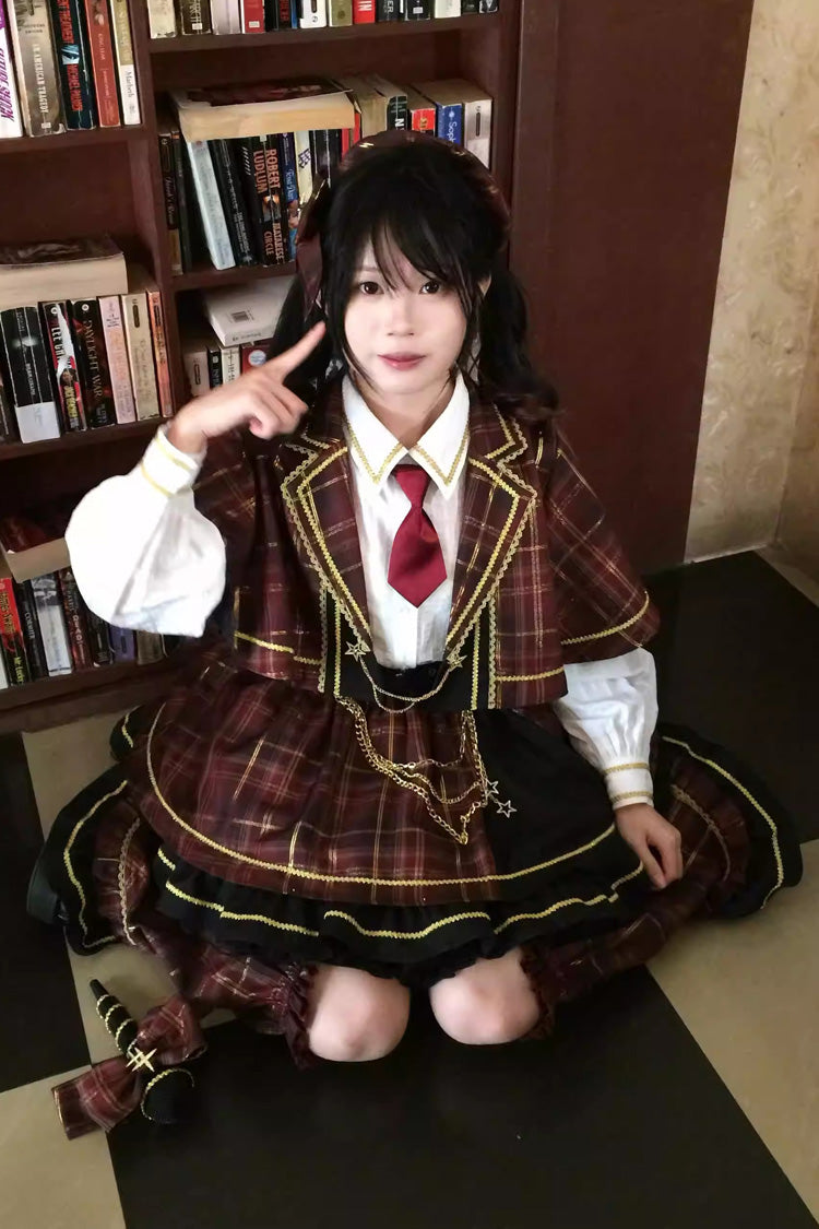 Crimson Showa Little Idol Notch Collar Long Sleeve Ruffled Open-Front Bow Asymmetric Classic Lolita Skirt Set