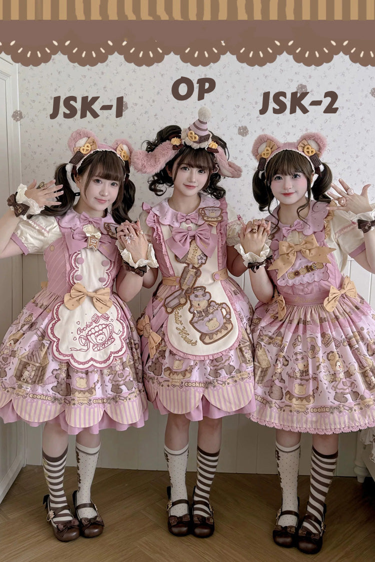Teddy Bear Cookie Dessert Print Dress with Bow & Ruffles