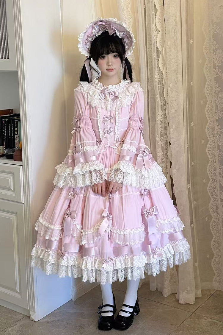 Pink Round Collar Long Trumpet Sleeve Bow Lace Elegant Princess Dress