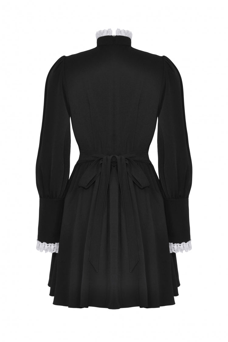 Monochrome Gothic Dress with Pleated Lace, Stand Collar, and Puff Sleeves