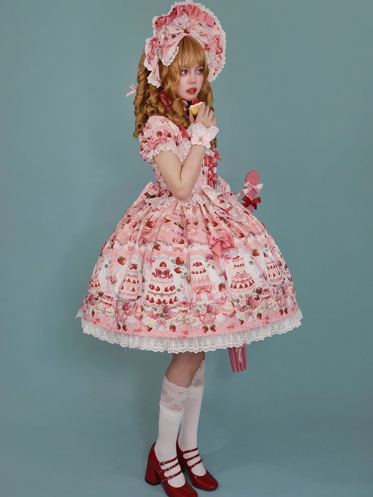 Print Strawberry Pink Sweet Accents Bow Set Full Dress Cake Lolita /
