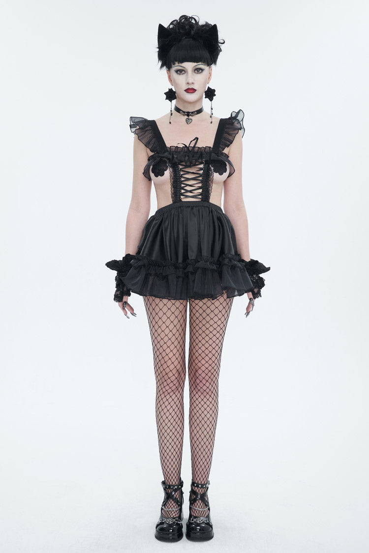Gothic Glossy Sheer Ruffled Stretch Sexy Maid Dress