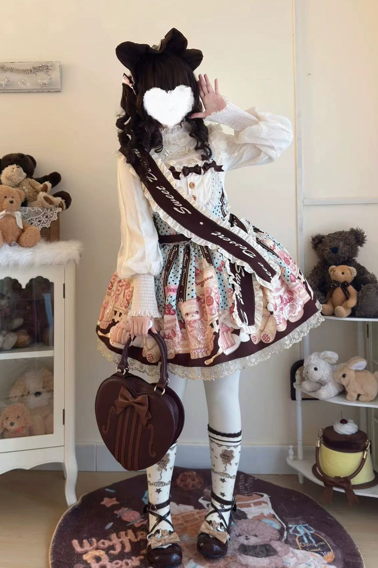 Multi-Color Cat Chocolate Patisserie Sleeveless Printed Ruffled Bow Lace Sweet Strap Dress
