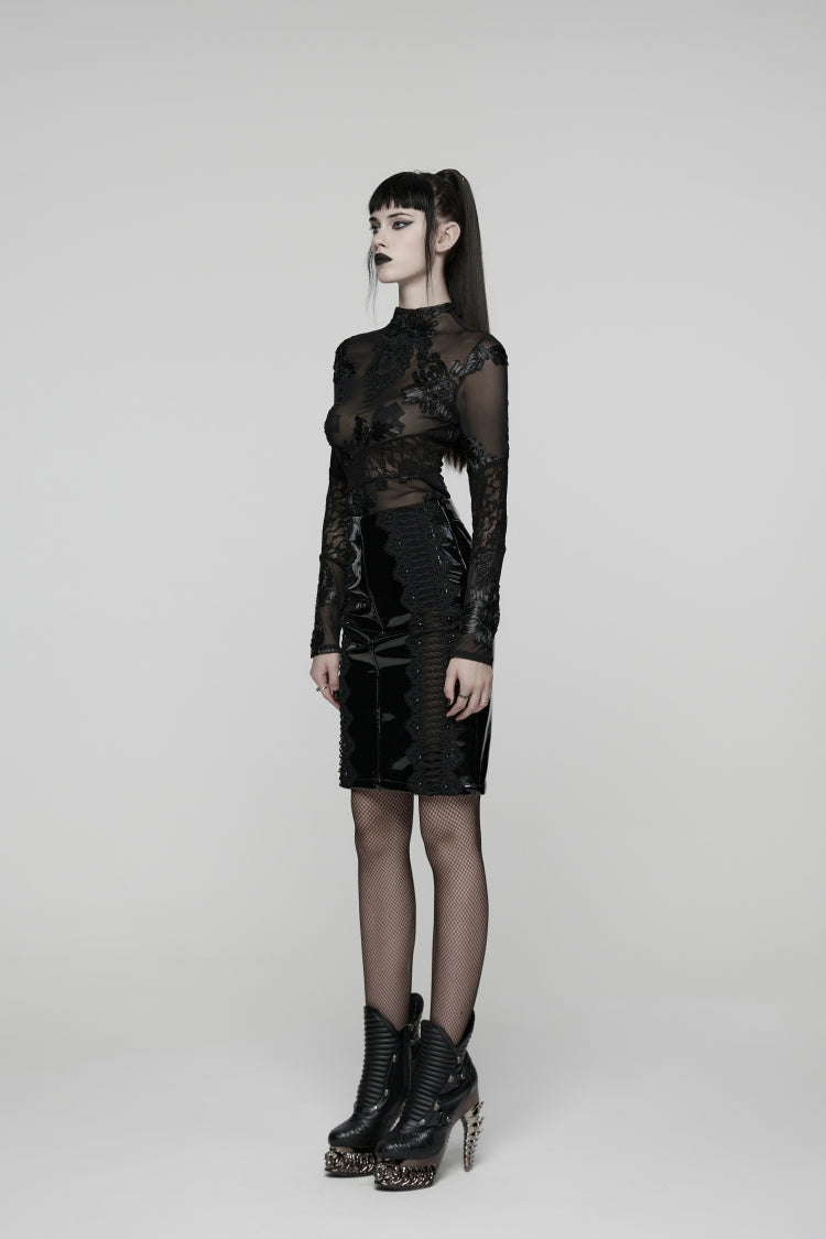 Noir Lace-Trimmed Faux Leather Gothic Midi Skirt - Dark Elegance