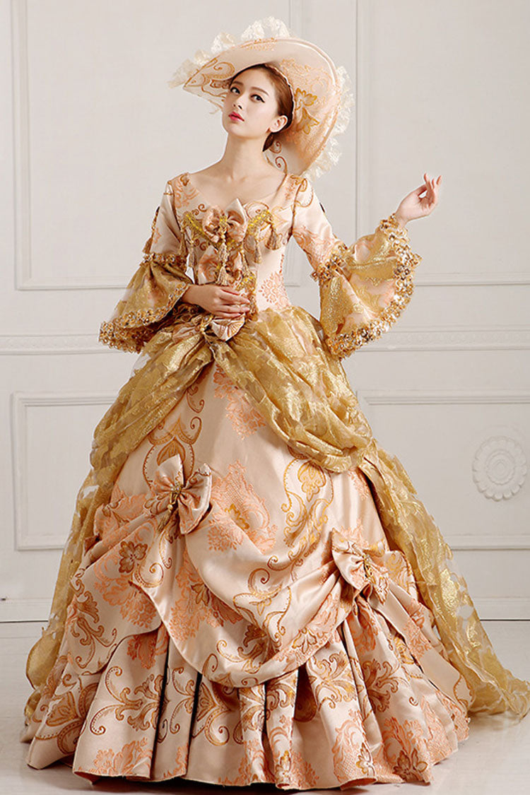 Beige Victorian Dress with Bow and Embroidered Floral Pattern - Altfashion Shop