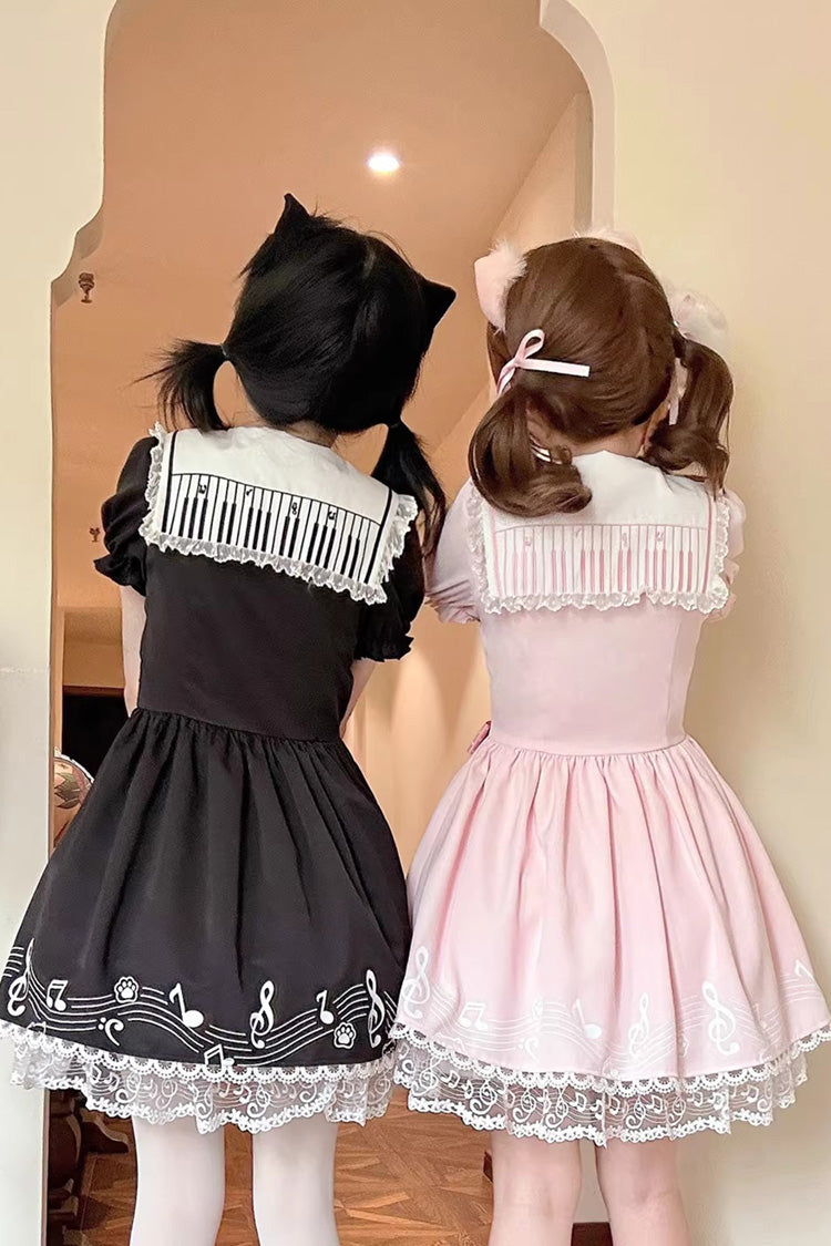 Pink Melody Kitty Doll Collar Short Sleeves Ruffled Embroidered Bow Lace Sweet Dress