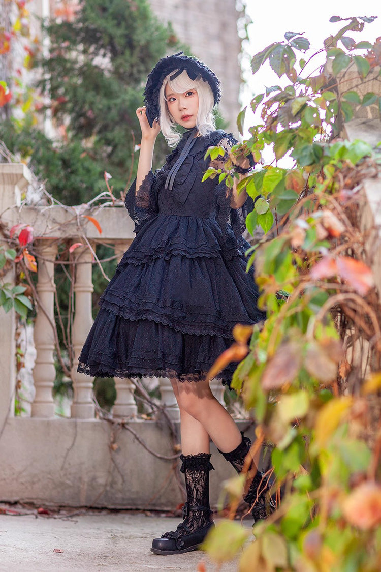 Black Gothic Lolita Dress with Tower of Dawn Bowknot and Ruffled Sleeveless