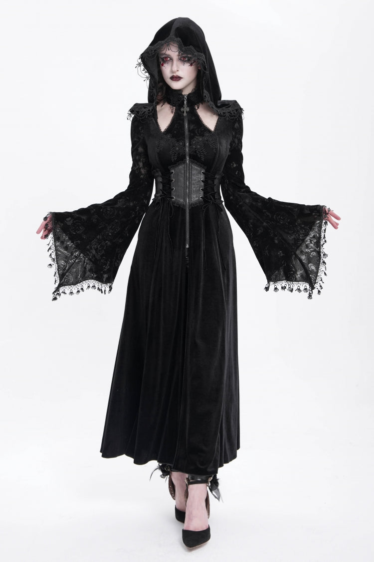 Black Long Sleeves Cutout Embroidered Hooded Ripped Gothic Coat Dress