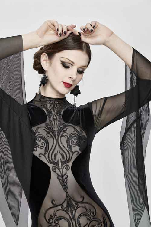 Embroidered Flared-Sleeve Velvet Gothic Dress for Women