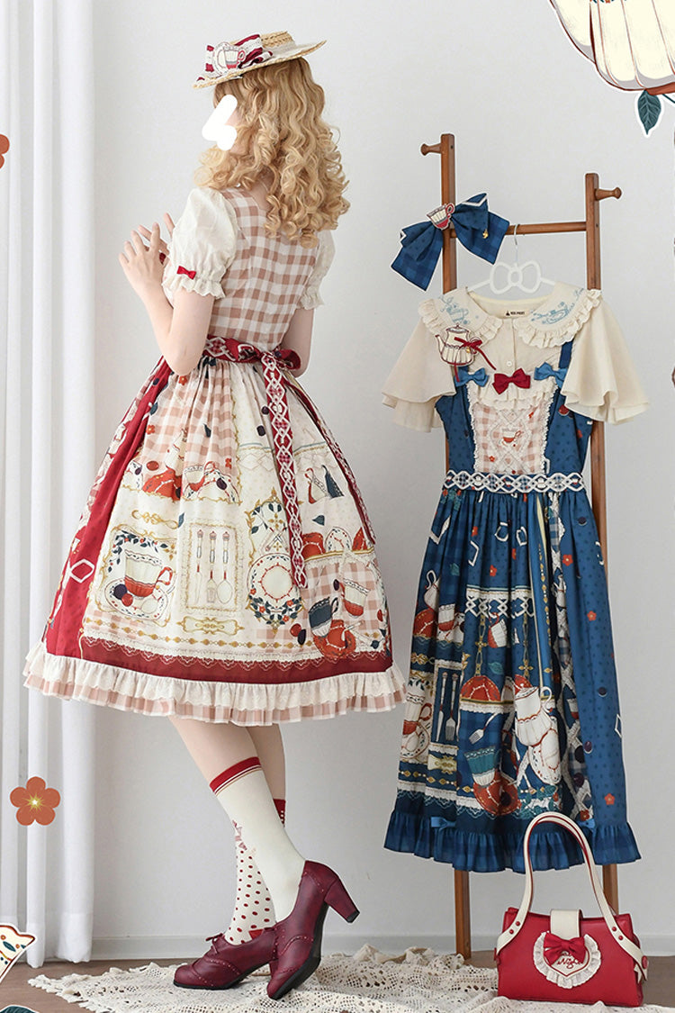 Crimson Tea Party Short Sleeve Printed Ruffled Bow Lace Sweet Elegant Lolita Gown