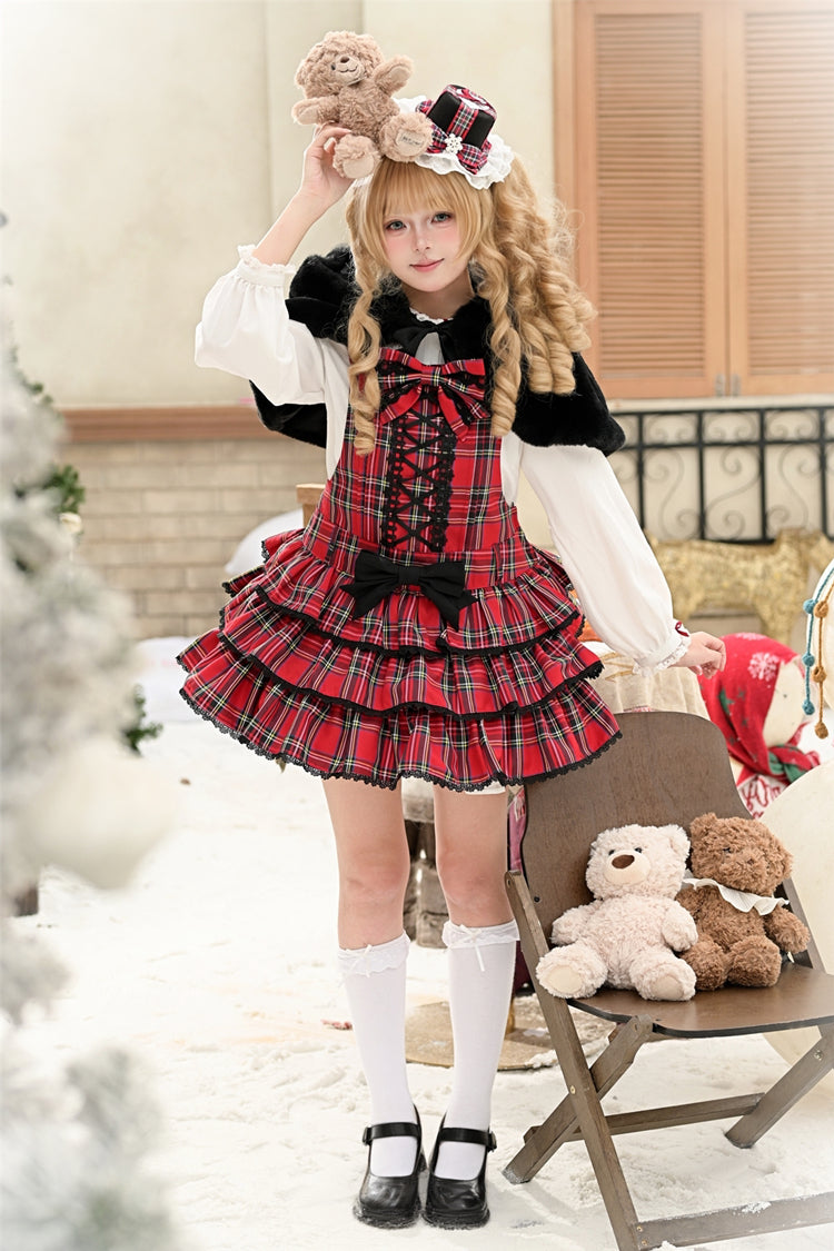 Red Velvet Cake Triple-Layered Printed Ruffled Bow Lace-Up Gothic Elegant Jsk Dress