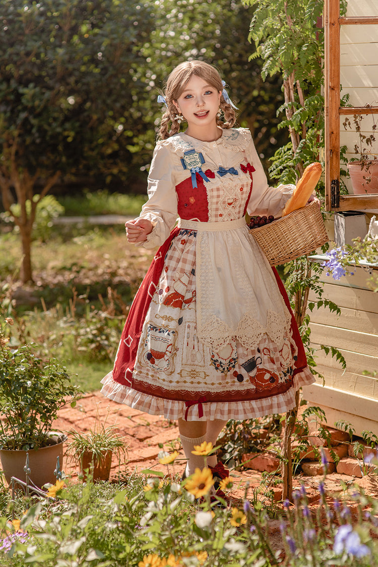 Scarlet Tea Party Printed Ruffled Bow Lace Sweet Elegant Lolita Jumper Dress