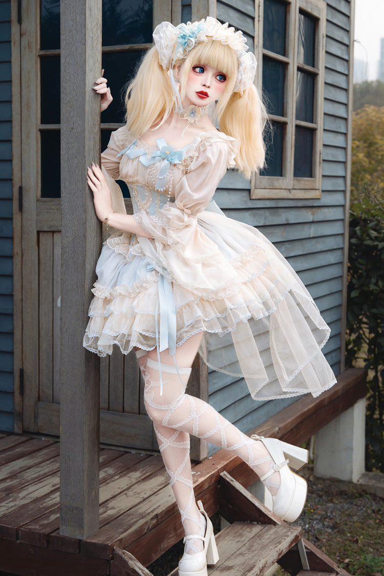 Flowing Light Gift Box Square Collar Sleeveless Layered Ruffle Bow Ballet Lolita JSK Dress