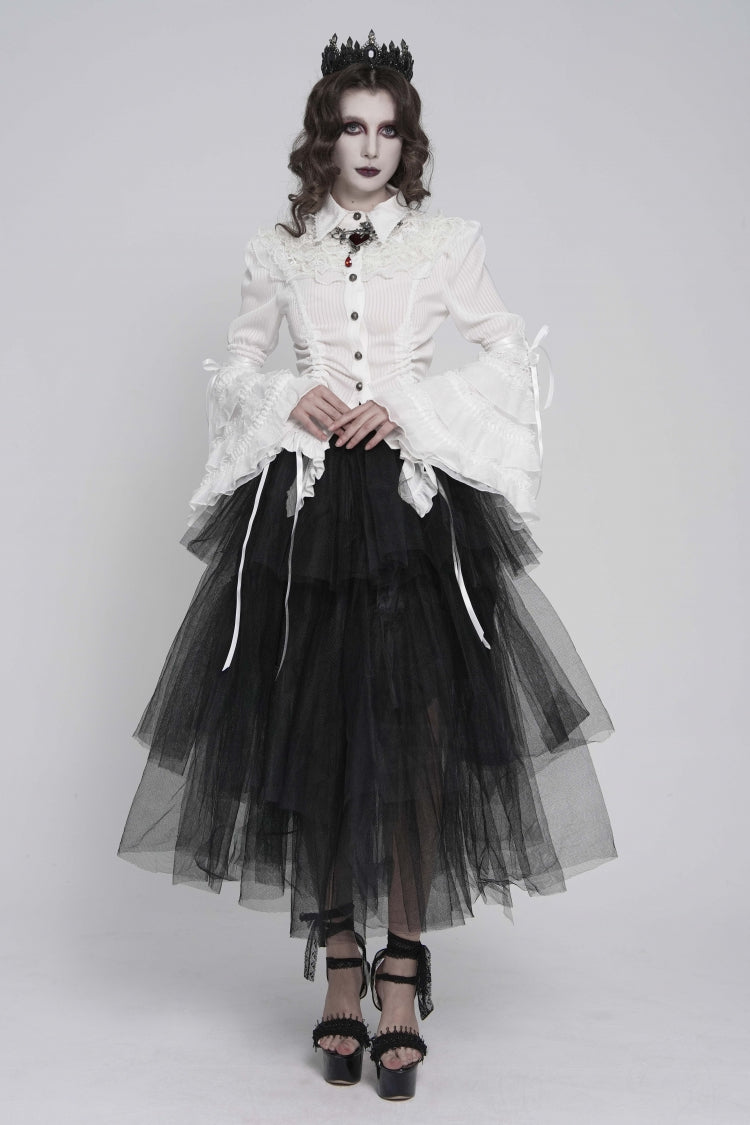 Ivory Slim Fit Women's Gothic Blouse with Trumpet Sleeves and Lace-Up