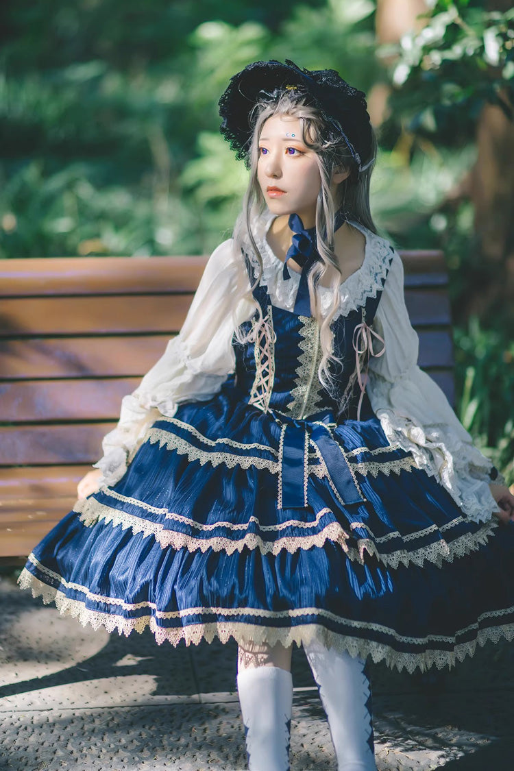 Dark Blue Three-Tiered Sweet Lolita Dress with Ribbon and Sleeveless