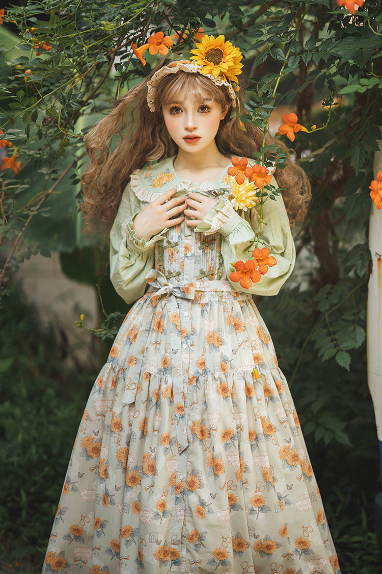 Green Sunflower Sleeveless Floral Bow Elegant Jsk Dress