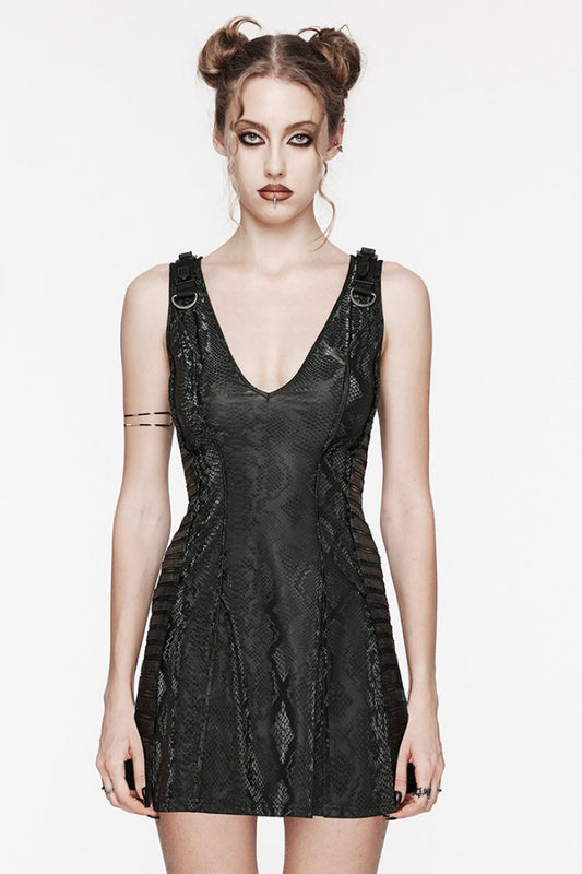 Ebony V-Neck Sleeveless Serpent Print Stitching Mesh Punk Gown