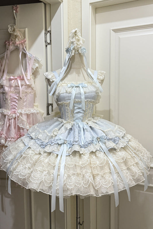 Azure Sleeveless Layered Ruffle Bow Lace Corset Ballet Jumper Dress - Ribbon Heart Love