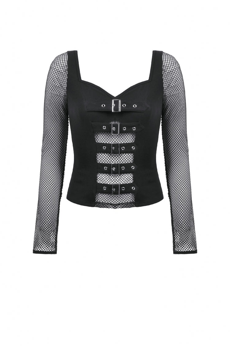 Long-Sleeve Punk Top with Buckled Straps and Mesh Panels