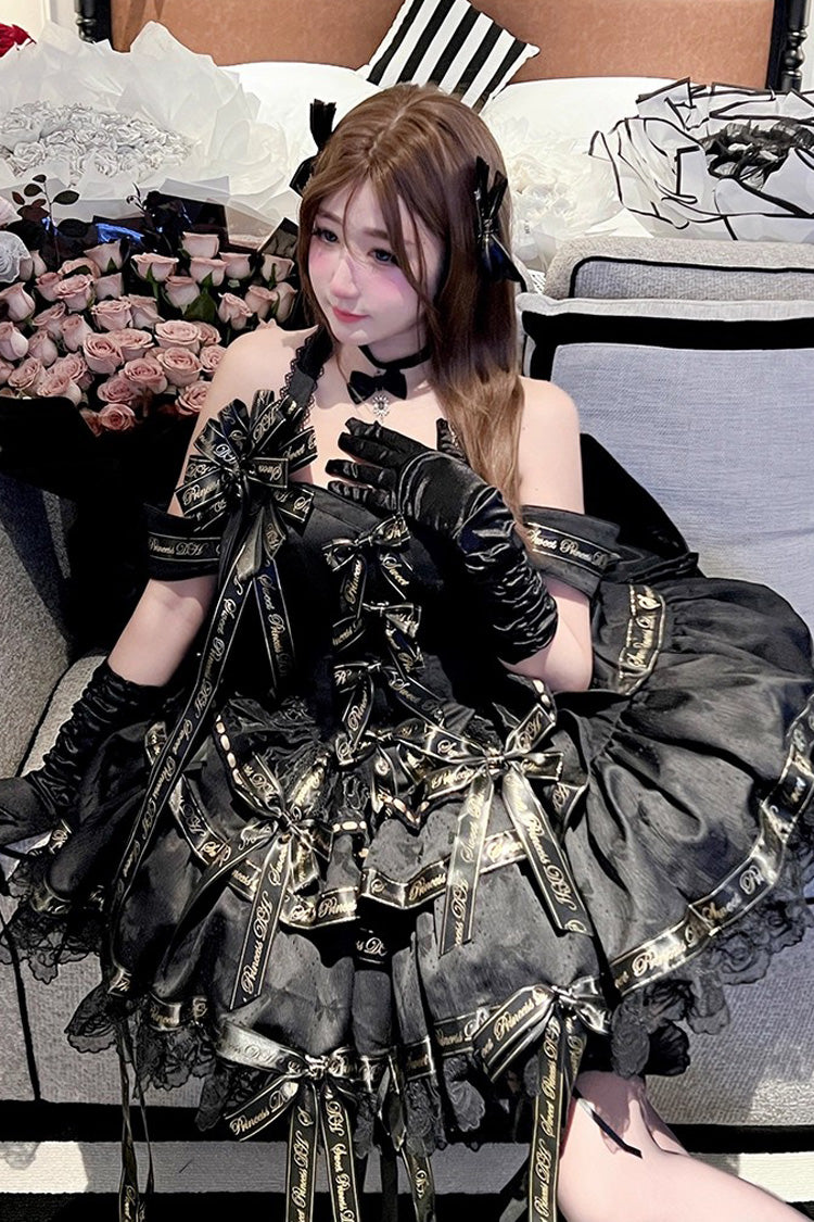 Noir Halter Neck Layered Ruffle Bow Princess Gothic Dress - Young Lady