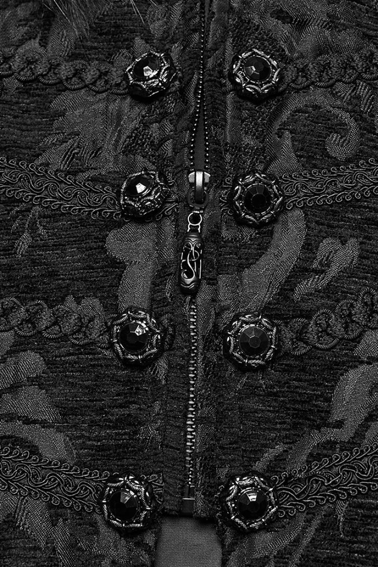 Men's Gothic Long Coat with Faux Fur Collar, Jacquard & Zipper in Black