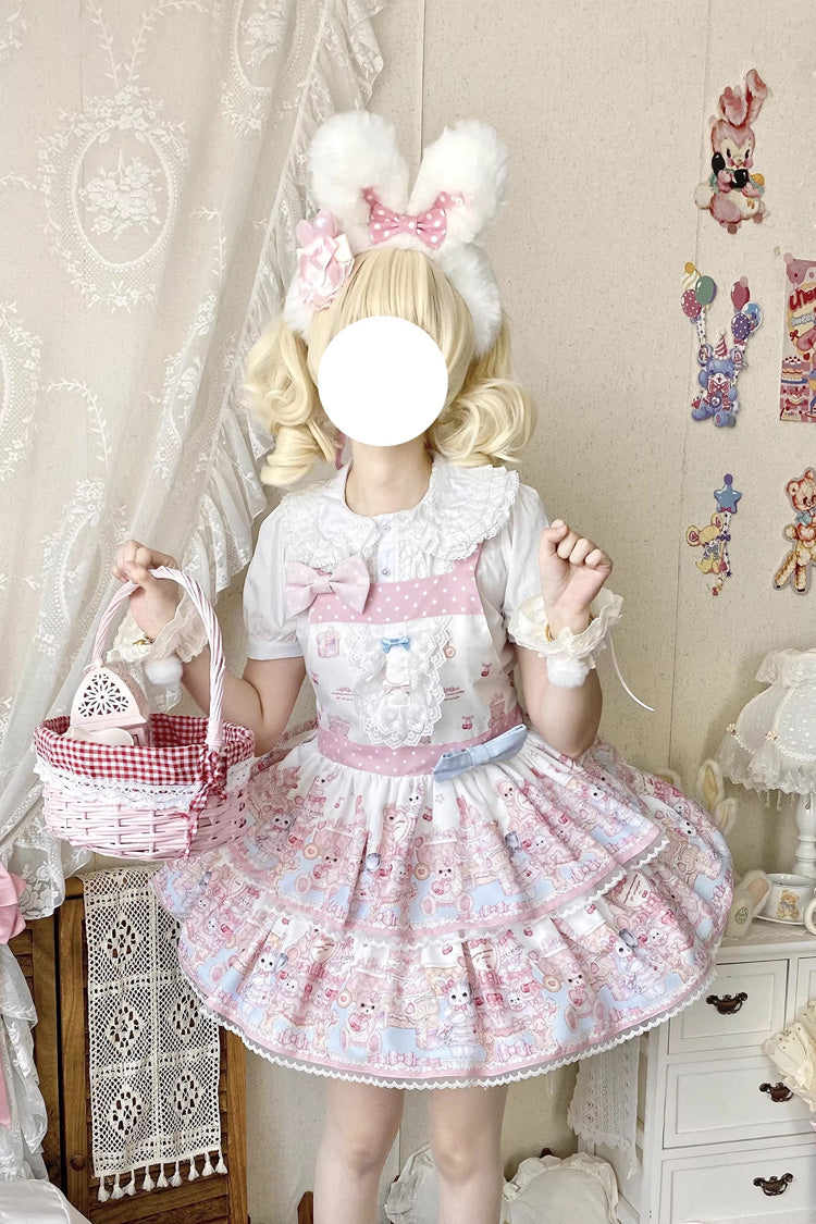 Pink Bunny & Bear Tea Party Sleeveless Double-Layered Printed Ruffled Bow Lace Sweet Strap Dress