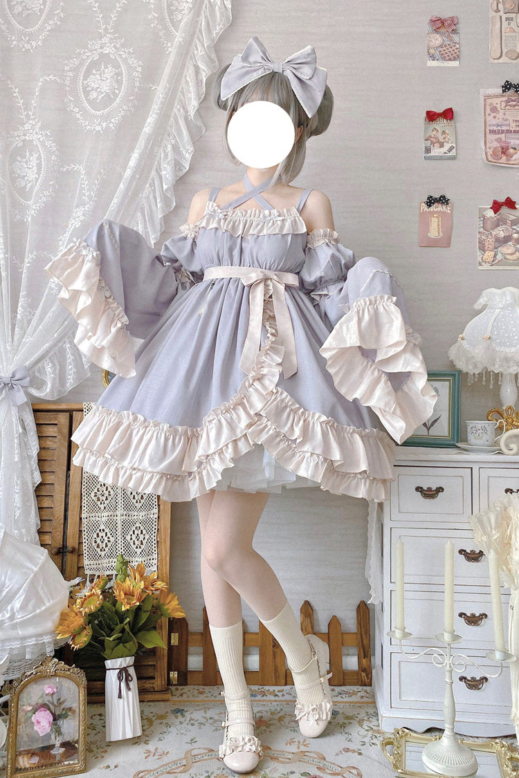 Sweet Lolita JSK Dress with Asymmetric Ruffle, High Waist, Grey Monet Estate