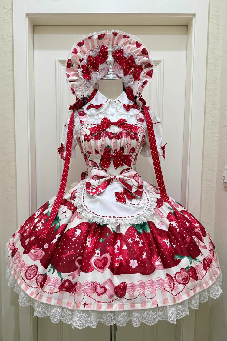 Dream to Strawberry Printed Ruffle Bow Lace Sweet Lolita JSK Dress in Four Shades