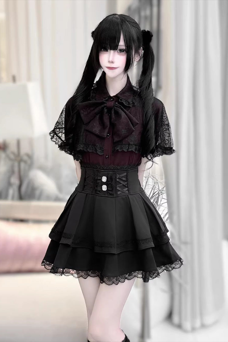 Gothic Embroidered Ruffled Top and Skirt Set with Lace-Up - Dark Moon Shadow