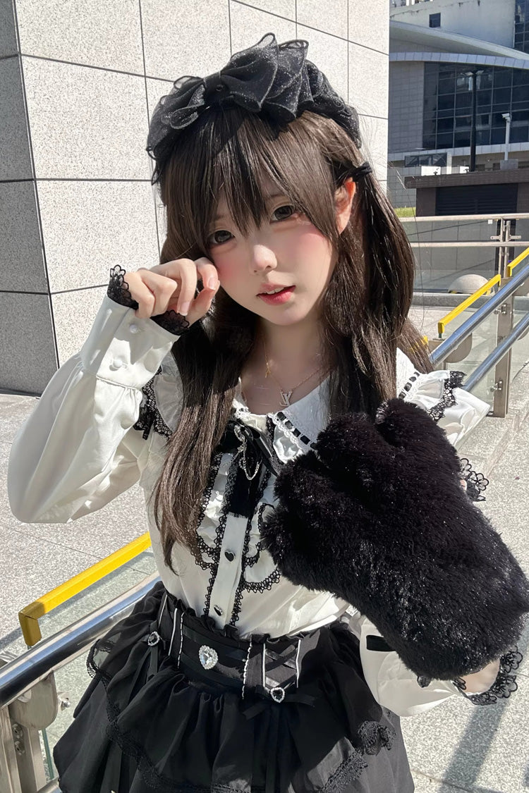 Doll Collar Long Sleeves Ruffled Bow Sweet Jirai Kei Skirt Set