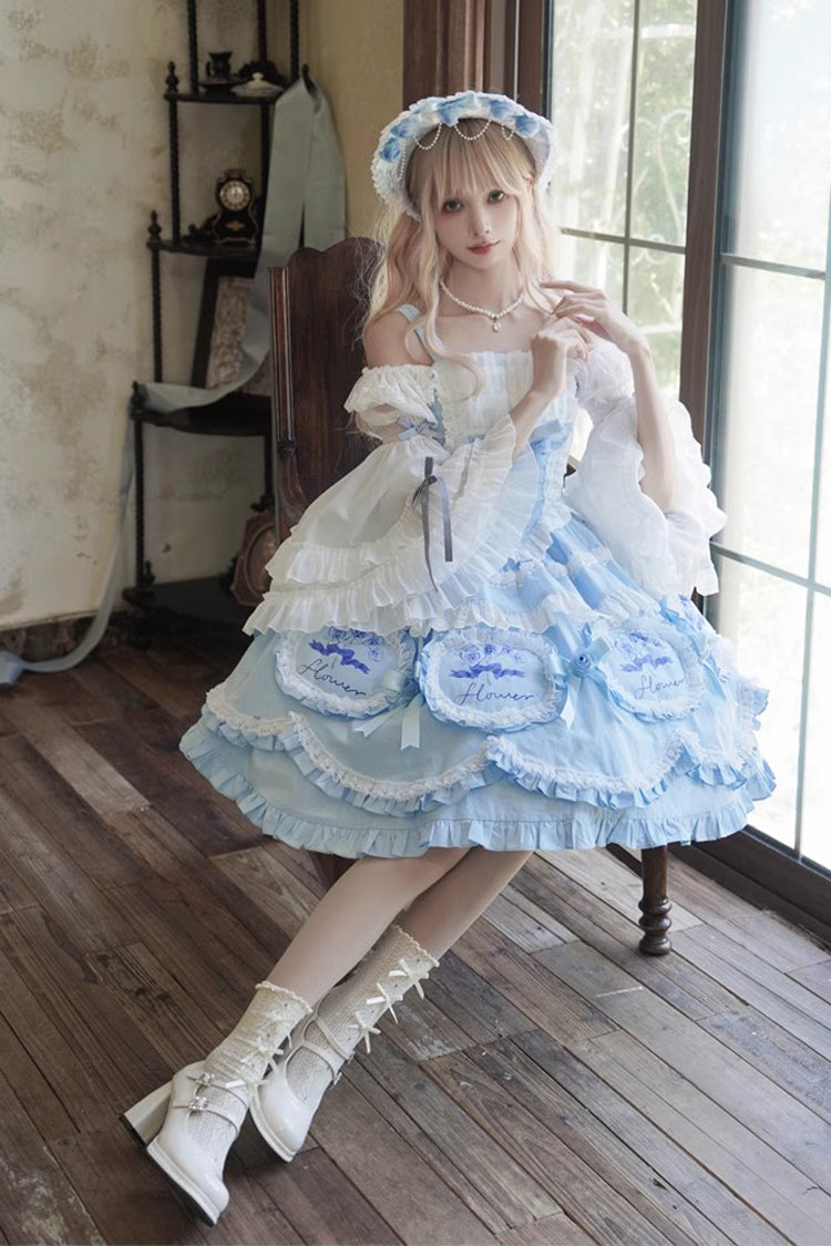 Blue Butterfly Dream Print Ruffled Bowknot Sweet Princess Lolita JSK