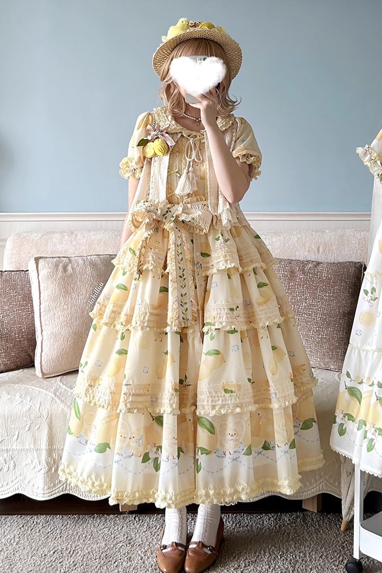 Triple-Layered Print Ruffled Bow Lace Sweet Gorgeous Lolita Dress - Yellow Lemon Chicken