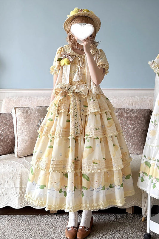 Triple-Layered Print Ruffled Bow Lace Sweet Gorgeous Lolita Dress - Yellow Lemon Chicken